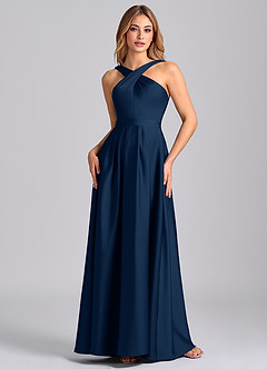 Azazie Dixie Robes de demoiselle d'honneur Robe Trapèze en Satin extensible Plissé Bleu Marine Foncé image4
