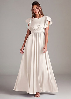 Azazie Daphne Modest Bridesmaid Dresses A-Line Ruched Stretch Satin Floor-Length Dress image1