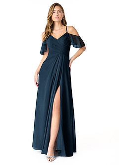 Azazie Dakota Vestidos de damas de honor Vestido Azul Marino Oscuro de Gasa de Línea A con Cuello en V plisado image1