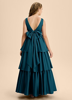 Azazie Meadowyn Junior Abito A-Line in Raso Elasticizzato Fiocco Blu Inchiostro image2