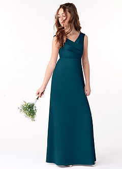 Azazie Sadia Junior Ink Blue A-Line Pleated Stretch Satin Dress image1