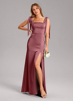 Azazie Frostine Bridesmaid Dresses Desert Rose A-Line Bow Stretch Satin Dress image1