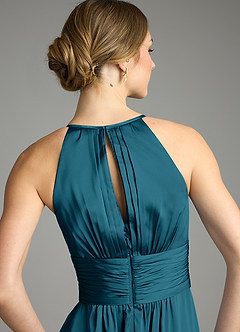 Azazie Bonnie Bridesmaid Dresses Ink Blue A-Line Pleated Stretch Satin Dress image6