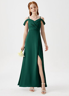 Azazie Ocean Junior Emerald A-Line Off the Shoulder Stretch Satin Dress image4
