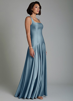 Azazie Reina At-home Try On Dresses Dusty Blue A-Line Pleated Stretch Satin Dress image5