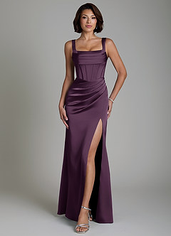 Azazie Amora Bridesmaid Dresses Plum Mermaid Corset Stretch Satin Dress image1