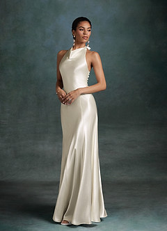Azazie Autumn Wedding Dresses Antique White Mermaid High Neck Charmeuse Dress image4