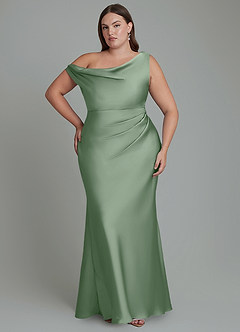 Azazie Emerson Vestidos de damas de honor Vestido Matcha de Satén Elástico de Corte Sirena con Hombros descubiertos image8