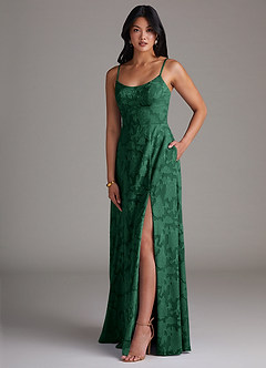 Azazie Moira Jurken voor bruidsmeisjes Jurk van Bloemen Burn-out met A-Lijn Zijsplit Donkergroen image3