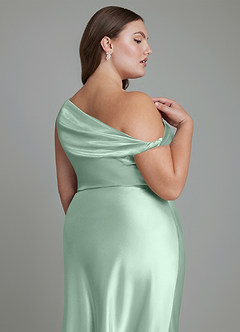 Azazie Emerson Bridesmaid Dresses Agave Mermaid Off the Shoulder Metallic Satin Dress image13