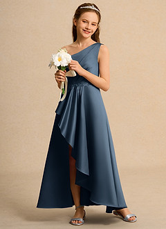 Azazie Taffy Girls Formal Robe Demoiselle D'honneur Fillette Robe Trapèze en Mat Satiné Dentelle Neptune image4