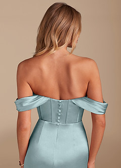 Azazie Asha Bridesmaid Dresses Mist Sheath Off the Shoulder Metallic Satin Dress image6