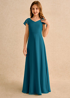 Azazie Nari Girls Formal Abiti da Ragazza di Fiori Abito A-Line in Chiffon Con Maniche Blu Inchiostro image5