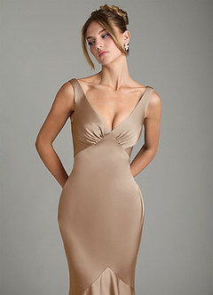 Azazie Alena Bridesmaid Dresses Taupe Mermaid Pleated Stretch Satin Dress image9