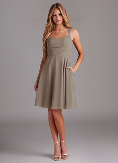 Azazie Vina Robes de demoiselle d'honneur Robe Trapèze en Mousseline de soie Dentelle Taupe image1