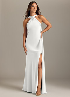 Azazie Kinsley Vestidos de madrinha de casamento Vestido Branco de Cetim elástico de sereia com Racha Lateral image1