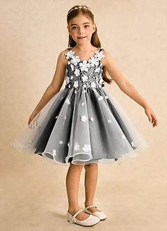 Azazie Junebug vestidos de niña de las flores Vestido de Marfil Negro de Tul de Princesa con Encaje image6