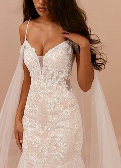 Azazie Leonie Wedding Dresses Diamond White Champagne Mermaid V-Neck Sequins Tulle Dress image10
