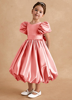 Azazie Jellybean Flower Girl Dresses Coral Ball-Gown Ruched Matte Satin Dress image4
