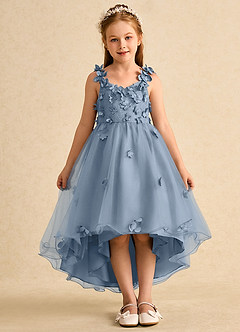 Azazie Tweety Robe Demoiselle D'honneur Fillette Robe Trapèze en Tulle Dentelle Bleu Poussiéreux image3