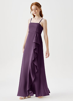 Azazie Kaylee Junior Robe Trapèze en Satin extensible avec ceinture Prune image4
