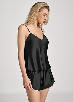 front Satin Lace Trim Cami and Shorts Pajama Set