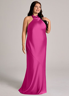 Azazie Velli Abiti da Damigella Abito Sirena in Raso Elasticizzato Collo Alto Fucsia image12