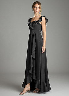 Azazie Lyra Bridesmaid Dresses Black A-Line Off the Shoulder Stretch Satin Convertible Dress image4