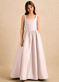 Azazie Enid Girls Formal vestidos de niña de las flores Vestido Rosa Rubor de Satén Elástico de Corte en A con Con pedrería image5