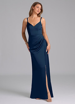 Azazie Leo Bridesmaid Dresses Dark Navy Sheath Pleated Stretch Satin Dress image4