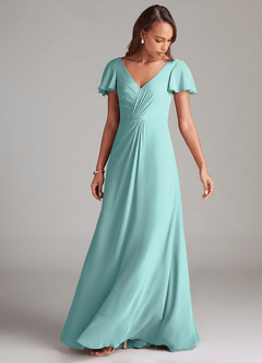 Azazie Soren Vestidos de damas de honor Vestido de Aqua de Gasa de Corte en A con Volante image5