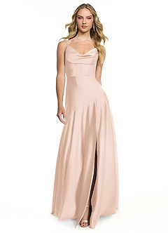 Azazie Kayla Bridesmaid Dresses Blushing Pink Sheath Side Slit Stretch Satin Dress image1
