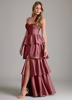 Azazie Faye Bridesmaid Dresses Desert Rose A-Line Ruched Stretch Satin Dress image3