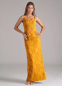 Azazie Kenna Bridesmaid Dresses Butterscotch Sheath Side Slit Floral Burnout Dress image3