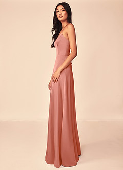 Azazie Mei Bridesmaid Dresses Salmon Pink A-Line V-Neck Stretch Satin Dress image4