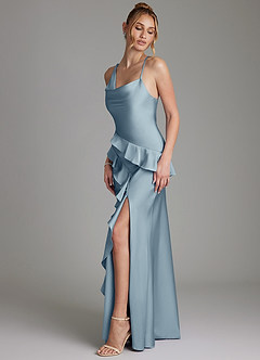 Azazie Jayda Bridesmaid Dresses Dusty Blue A-Line Ruched Stretch Satin Dress image5