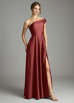 Azazie Melanie Bridesmaid Dresses Terracotta A-Line Off the Shoulder Stretch Satin Dress image5