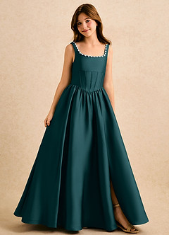 Azazie Enid Girls Formal Blomsterpigekjoler A-Line Perlebesat Stræk satin Gulv-længde Kjole image1