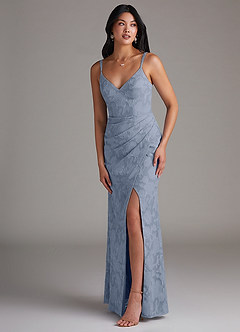 Azazie Leo Bridesmaid Dresses Dusty Blue Sheath Pleated Floral Burnout Dress image3