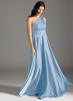 Azazie Charlize Abiti da Damigella Abito A-Line in Raso Elasticizzato Monospalla Azzurro Polvere image3