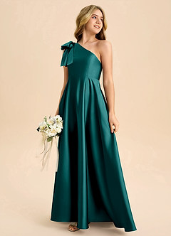 Azazie Penguin Junior Abito A-Line in Raso Elasticizzato Fiocco Verde Pavone image6