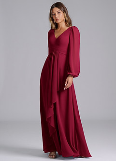 Azazie Liah Bridesmaid Dresses Burgundy A-Line Long Sleeve Chiffon Dress image4