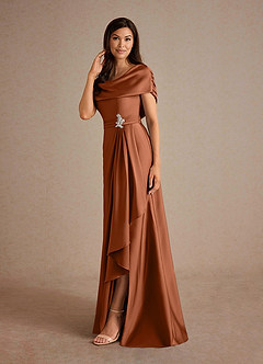 Azazie Branford At-home Try On Dresses Copper A-Line Pleated Stretch Satin Dress image2