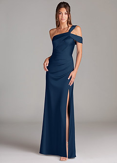 Azazie Wynter Bridesmaid Dresses Dark Navy Sheath Off the Shoulder Stretch Satin Dress image1