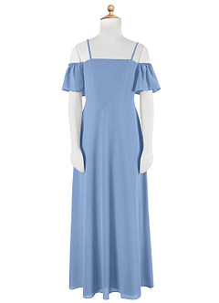 Azazie Sue Junior Jurk van Chiffon met A-Lijn Off the Shoulder Staal Blauw image7
