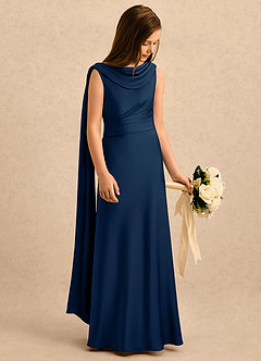 Azazie Sanah Girls Formal Flower Girl Dresses Dark Navy A-Line Pleated Stretch Satin Dress image1