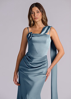 Azazie Inara Bridesmaid Dresses Dusty Blue Mermaid Pleated Stretch Satin Dress image7