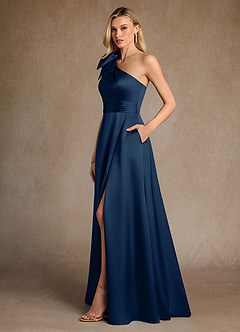 Azazie Easton 신부의 어머니 드레스 A라인 한쪽 어깨 스트레치 새틴 플로어 길이 드레스 image2