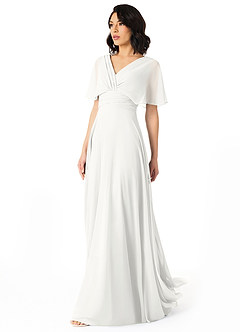 Azazie Pamela Robes de demoiselle d'honneur Robe Trapèze en Mousseline de soie Col V plissé Blanc image6