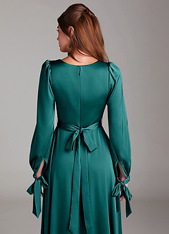 Azazie Leonia Bridesmaid Dresses Peacock A-Line Long Sleeve Stretch Satin Dress image7